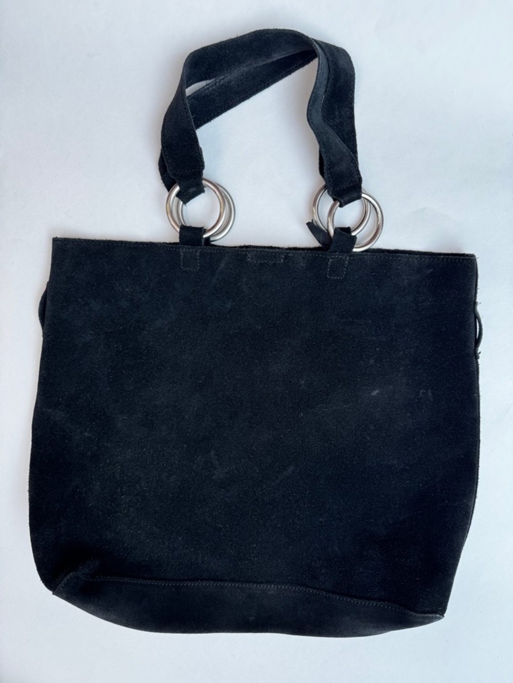 Vintage Nine West Black Suede Tote Bag Silver Ring Handle Shoulder Purse Y2K